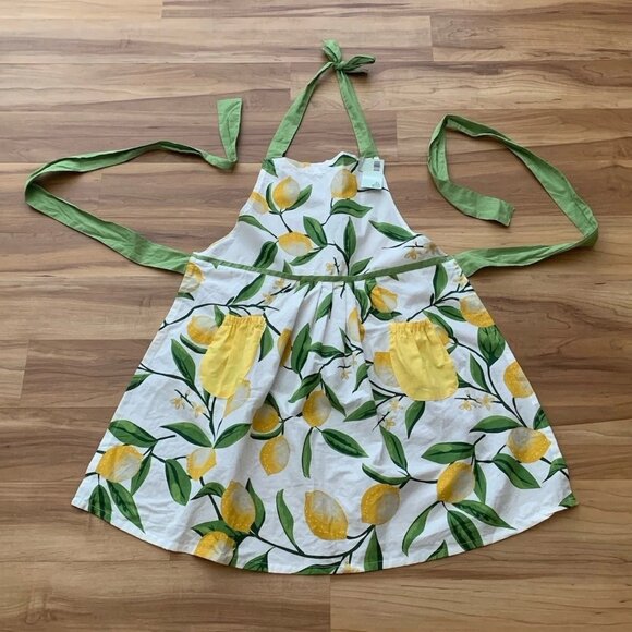 The Spring Shop Hostess Kitchen Bib Apron Lemon Yellow Green Pockets NWT - Picture 1 of 7